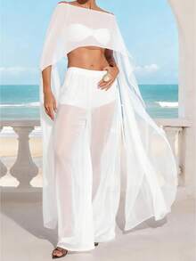 Women Chiffon Shawl Cape Mesh Sheer Poncho Top Capelets For Evening Dress Shawl Wraps Cover Up Wedding Party Women Chiffon Capelet Sheer Mesh Bridal Cape Shawl Wraps Asymmetrical High Low Flowy Wedding Party Cover Up Poncho - trắng - Xem 1
