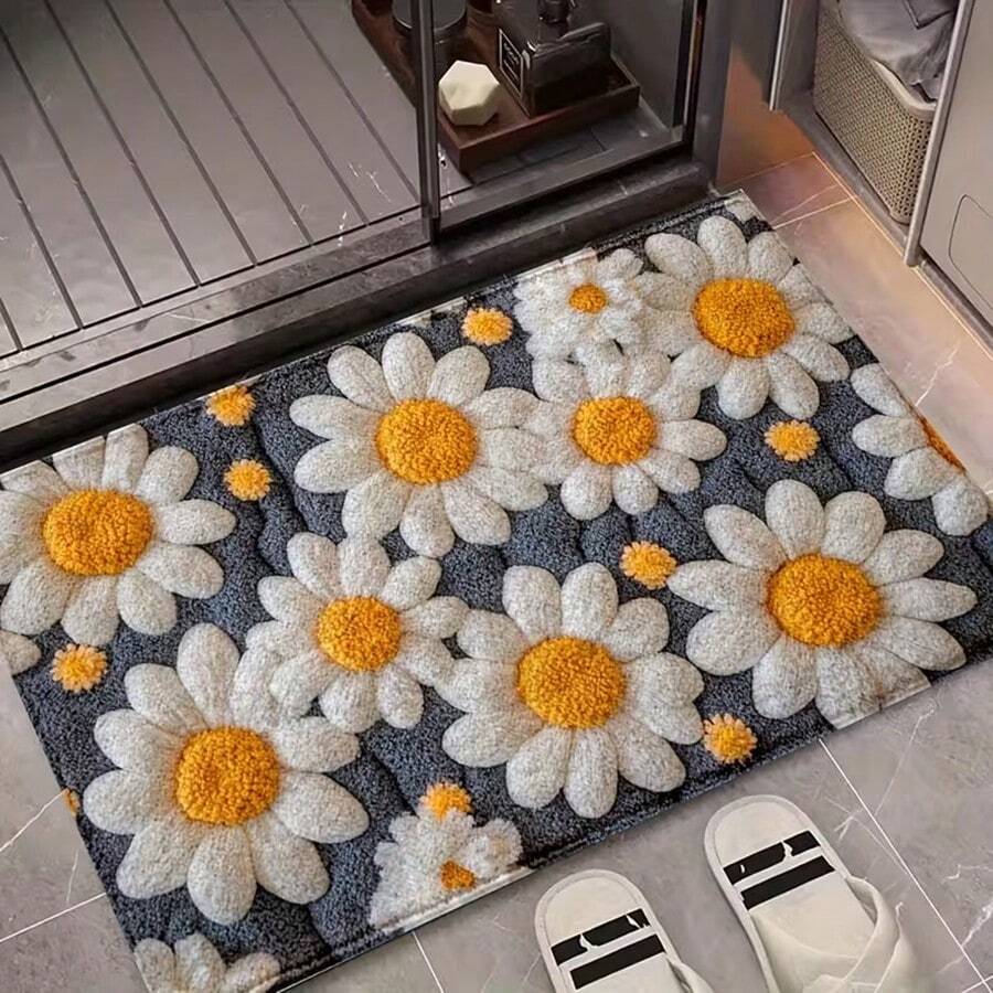 1pc Floral Daisy Pattern Design Microfiber Bath Rug, Non-Slip And Super Soft Bathroom Floor Rugs, Doormat, Bathroom Water Absorption Mat, Machine Washable, Low Pile, TPR Backing, Knit Fabric, ForBathroom, Bedroom, Kitchen, Entryway, Indoor & Outdoor Use, Bathroom Accessories & Decor, Perfect New Home Gift. - Multicolor - View 1
