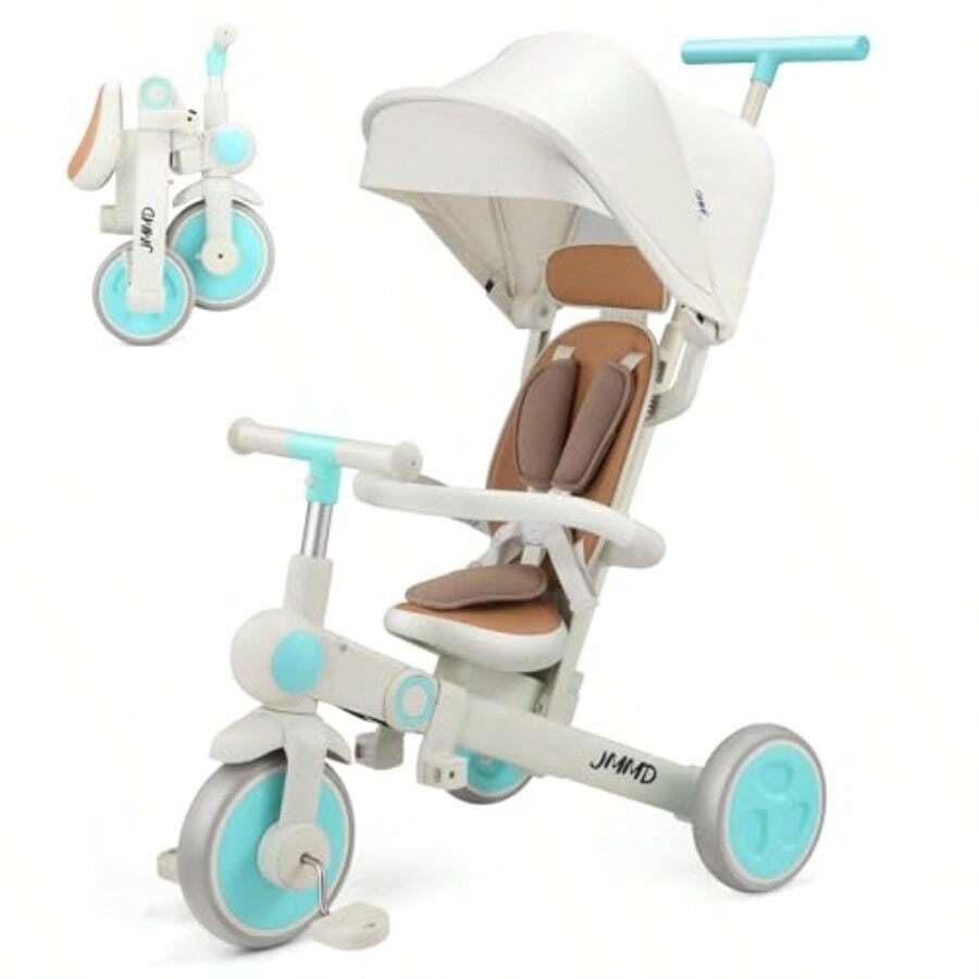 Kids ScootersJMMD - Triciclo para bebé multifuncional 7 en 1 con asa ajustable para padres arnés de  y frenos de rueda toldo extraíble de paseo para niños y niñas de 18 meses a 5 años color menta - Menta - Ver 1
