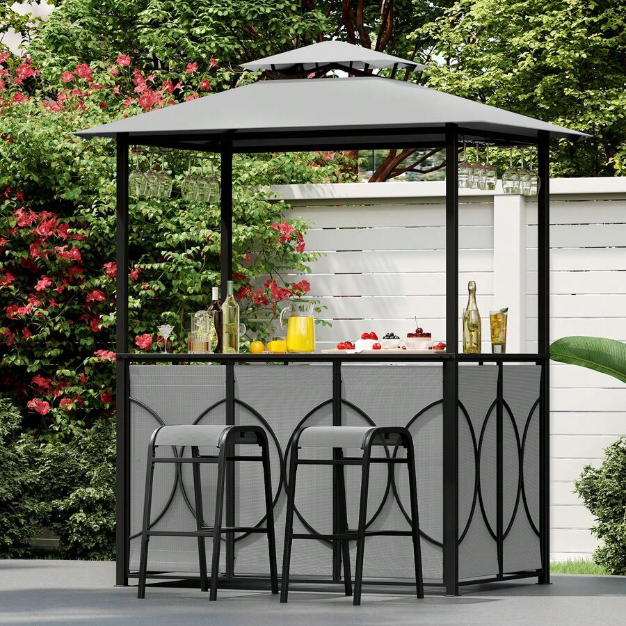Lifezeal 6.5 X 4 X 8 FT Grill Gazebo Set With 2 Bar Stools, Tempered Glass Bar Table Brown/Gray - Grey - View 1
