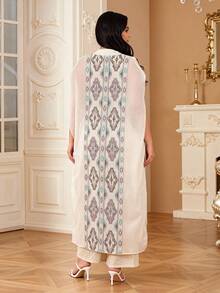 Embroidered Colorful Elegant Jalabia Dress, Gold Embroidered Trim Decor Open Front Cover Up With Sheer Straps, Wide Leg Jumpsuit, Luxury Elegant 2026 New Style Ramadan Traditional - Apricot - View 11