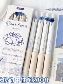 4/5支装透明彩色花朵系列中性笔，高品质花朵按压式笔，适合学生使用，速干0.5mm黑色墨水笔，适用于办公和签名 - 黑色 - 查看 7