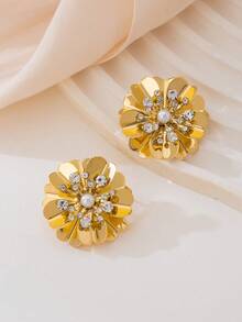 1 paire de boucles d'oreilles à fleurs vintage à double couche en faux cristal perlé avec finition métallique brillante. Bijoux pour femmes pour la Saint-Valentin - Or jaune - Voir 4