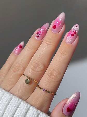 24 piezas Kit de uñas acrílicas con forma de almendra, rubor en polvo rosa, uñas postizas con efecto de ojo de gato con patrones de corazón dulce, cereza y lazo para suministros de arte de uñas. Incluye: 1 pieza de pegamento de gelatina y 1 pieza de lima de uñas, adecuado para el trabajo diario, fiestas de vacaciones y otras ocasiones para mujeres.