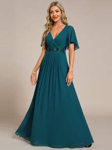 Đầm phù dâu, đầm dạ hội, đầm dự tiệc cưới bằng chiffon xếp ly, tay bồng, thêu họa tiết thanh lịch, cổ chữ V. - Màu xanh ngọc - Xem 4