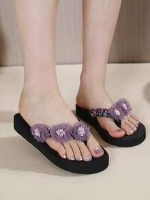 Osa 3D立体花卉女士人字拖，紫色网眼花朵时尚百搭轻便舒适沙滩凉鞋 - 黑色 - 查看 11