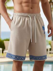 男士棕榈树印花抽绳腰华夫格沙滩短裤 - 彩色 - 查看 4