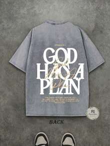 Jesus Tee God Has A Plan Graphic Tee Double-Sided Print Washed T-Shirt Holiday Gifts Y2K Men's Graphic Tees, Street - Style Vintage Washed T - Shirts, 230G Cotton T - Shirts, 100% Pure Cotton, Unisex Graphic Tees Halloween Back To School ShirtsNew Casual T-Shirts For Men And Women - 灰色 - 查看 3