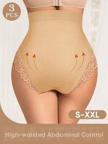 MEIYATING 3pcs High Waist Seamless Shaping Panties, Lace Pattern Underwear For Women - Multicolor - View 3