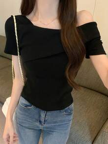Rikumo Áo thun nữ thiết kế trễ vai, kiểu dáng tối giản tay ngắn, màu đen, thích hợp mặc thường ngày mùa hè. - màu đen - Xem 3