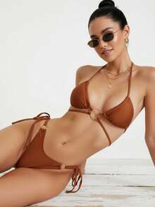 2pcs Women Summer Bikini Set, Three-Point Tie Strap Gold Ring Design - Brown - View 2