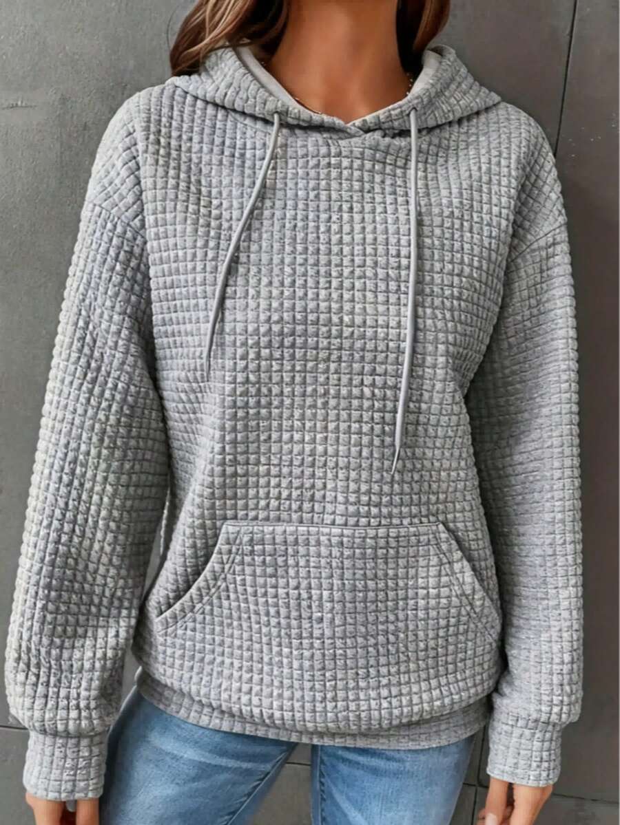 Women's Oversized Waffle Hooded Sweatshirt, Soft Stretchy, Drawstring Hood Kangaroo Pocket, For Fall/Winter Layering & Casual Wear, Women's Clothing Tops  Workout Tops  Ski Outfit Women  Women's Winter Clothing Of Women's Winter Clothing Women's Winter Fashion Women's Winter Promotion Of Women's Winter Clothing  Christmas  Halloween Christmas Gift - 灰色 - 查看 1