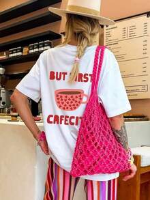 1pc Women's Summer Round Neck Short Sleeve T-Shirt, Pink Heart & Coffee Cup, English Letter Print, Elegant Coffee Lover Theme Loose Casual Versatile Tee - White - View 7