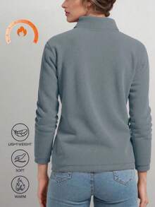 Jaket Fleece Wanita Warna Polos Musim Gugur/Dingin, Mantel Fleece Domba Dua Sisi dengan Resleting Bulu Koral, Kantong Terintegrasi, Sederhana dan Sporty - Grey - View 7