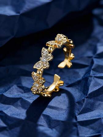 1 Pc Graceful Delicate Butterfly Inspired Women's Open End Copper Ring Adorned With Sparkling Rhinestone For Gift.