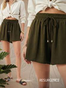 Women's Loose-Fitting Dark Green High-Waisted Elastic Waistband Comfortable Dune Fabric Casual Chic Everyday Lightweight Basic Blogger Style Knit Fabric Faux Drawstring Women's Fashion Home Beach Vacation Diary Brunch Travel Spring Summer - 墨綠色 - 查看 1