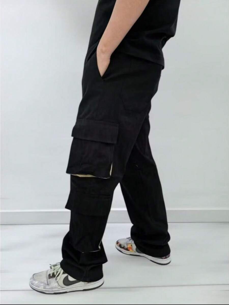New Model Men's Cargo Jeans, Black Washed, Stonewashed, Original Straight Leg, Loose Fit, 8 Pockets - Black - View 1