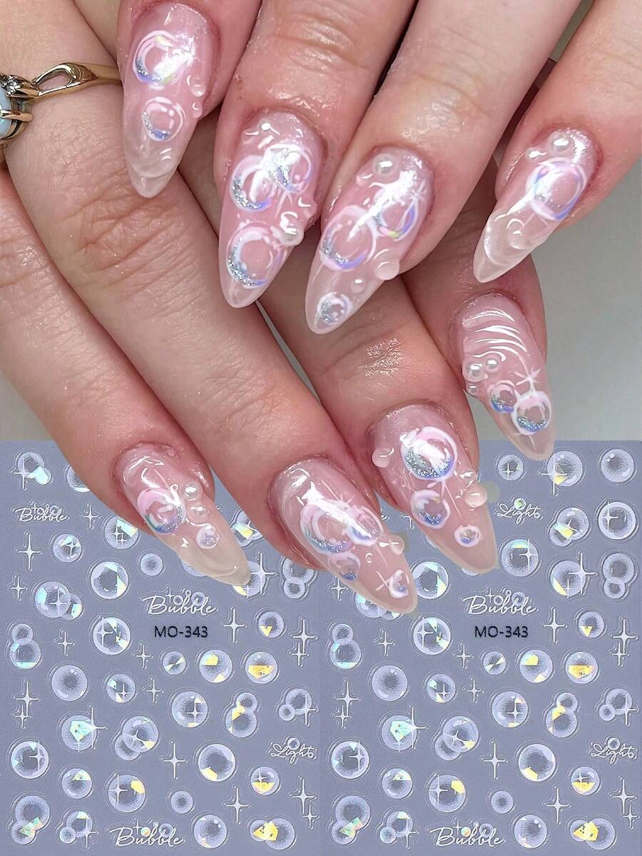 2pcs Aurora Holographic Bubble Nail Art Stickers Laser Design Bubbles Cute Dreamy Mermaid Nail Decals Decoration Self Adhesive Manicure Accessories Nail Slider Japanese Style DIY Salon Nail Supplies - 銀色 - 查看 1