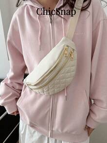 时尚腰包/斜挎包，带钻石图案，拉链开合，编织沙滩肚袋腰包腰包度假随身包实用防水皮革腰包单肩包冬季拉链包钱包大容量户外复古包旅行必需品假日必需品男士包男士夏季返校复古白色包礼品包包