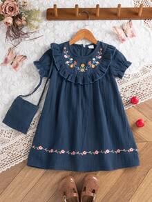 فستان صيفي أنيق للفتيات مع تطريز زهري وكشكشة، أكمام قصيرة + حقيبة كروس بودي للزينة، مناسب للاستخدام اليومي، الخارج، المدرسة، التنقل، العطلات - أزرق غامق - مشاهدة 3