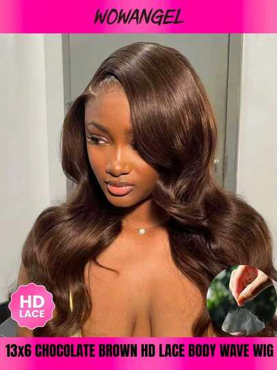 WOWANGEL Peluca de encaje frontal de onda de agua de 26 pulgadas y 250 de densidad, color marrón chocolate, cabello birmano, peluca de encaje frontal transparente real sin pegamento 13x6, con el cabello previamente decolorado en degradado #4 marrón, se mezcla con el tono de piel, 100% peluca de cabello humano real con cabello de bebé