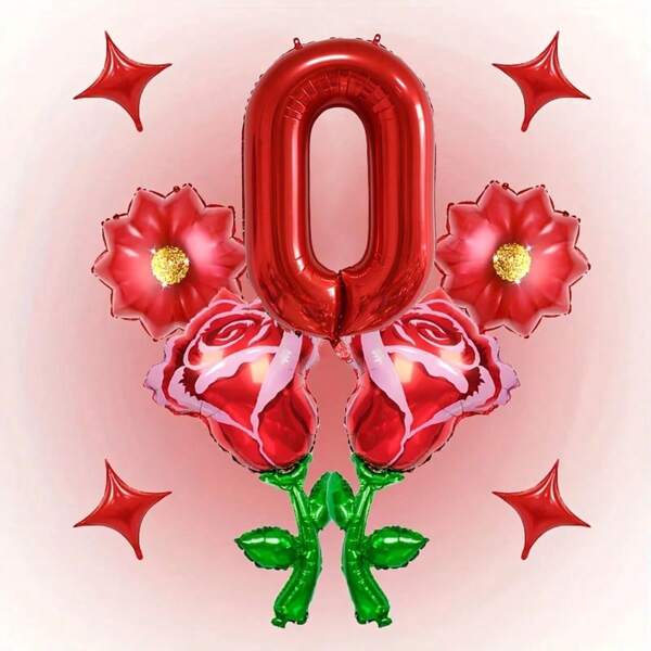 1Set 32-Inch Red Rose Number 0-9 Foil Balloons Set With 1 Roll Of White Curling Ribbon And Adhesive Dots, Balloon Decorations For Birthday Parties, Anniversaries, Valentine's Day, Mother's Day, And Spring-Themed Party Balloons Decorations Supplies