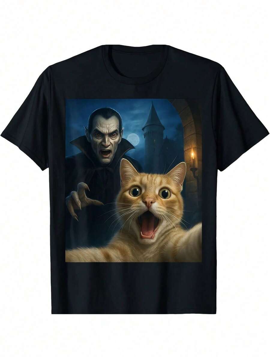 Camiseta divertida de gato con un vampiro - Negro - Ver 1