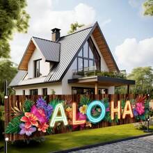 1pc Large Hawaiian Tropical Party Banner, Neon Aloha Sign, Floral Decor Banner, Suitable For Weddings, Beach Parties, Photo Backgrounds, Hawaiian Themed Backdrops, Polyester Material, Indoor And Outdoor Decoration - Multicolor - View 1