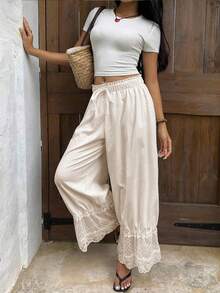 Women Lace Long Bloomers Pettipants Elastic Waist Lace Patchwork Slip Under Dress Pantaloons Trousers Cute Ruffle Pumpkin Pants - 杏色 - 查看 2