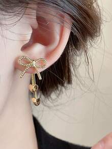 زوج من أقراط الأذن الفاخرة الفريدة ذات الفيونكة الذهبية والشرابة على شكل قلب، مناسبة للنساء، عيد الحب واللبس اليومي - الذهبي - مشاهدة 2