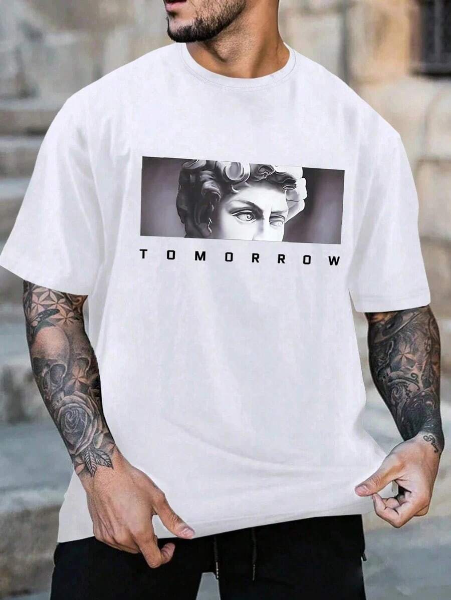 Men's T-Shirt With Figure And Letter Print - 白色 - 查看 1