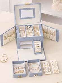 Large Capacity Multi-Layer PU Jewelry Box, Multi-Functional Vanity Desk Organizer Box, Suitable For Necklaces, Earrings, Rings, Bracelets, Watches, Lipsticks, Daily Cosmetics Storage, Travel Jewelry Case