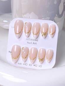 10片手工法式短指甲贴纸。这款人造指甲套装包含白色、粉色、金色、蓝色和黄色等多种颜色，设计迷人可爱。美甲用品 手工按压式指甲 - 白色 - 查看 6