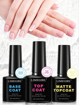 LIMEGIRL Top Coat And Base Coat Set, 3 Pcs/2 Pcs/1 Pc 8ml Glossy Matte No Wipe Combination For UV/LED Light Cure Gel Nail Polish