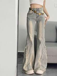 American Vintage Fringe High-Waisted Flared Long Denim Pants For Women, New Arrival - Baby Blue - View 3