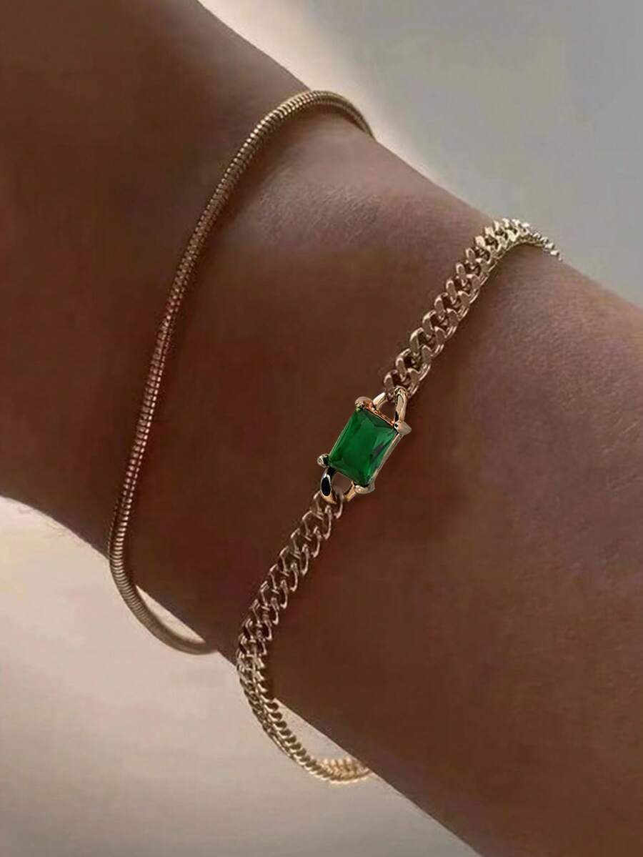 Nooxian 2pcs/Set Multi-Layer Gold Snake Chain Bracelet With Sparkling Green Cubic Zirconia Stone Layered Bracelet, Gift For Women - Yellow Gold - View 1