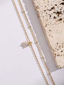 Nooxian 2pcs/Set Four-Leaf Clover Pendant Chain Micro-Inlaid Cubic Zirconia Double-Layer Anklet, Daily Wear Foot Jewelry For Women - Yellow Gold - View 5