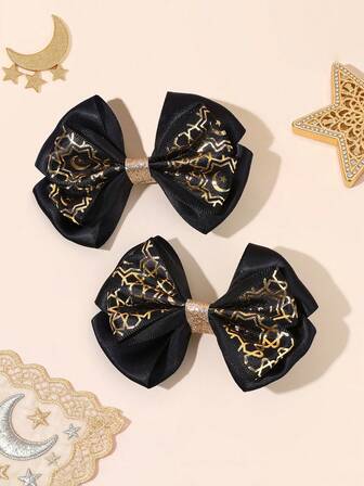 2 piezas Lazos para el cabello de niñas con estampado de estrella/luna/línea en color dorado y negro, con pinzas de cocodrilo, clips de cabello delicados, brillantes barretas para festivales, pasadores de cabello brillantes, accesorios para el cabello para adolescentes