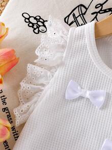 2pcs Baby Girl Lace Trim Bow Sleeveless Top And Lace Trim Denim Shorts Set, Fashionable Summer Outfit - White - View 6