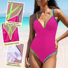 AUTOWT Trajes de Baño de una Pieza para Mujer, Trajes Baño Control Abdomen con Bloques Color Neón, Cuello en V Profundo para Nadar Surf Buceo Natación y Vacaciones en la Playa - Fucsia-M - Ver 3