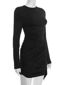 Women's Casual Fashion Black Knit Mini Dress, Long Sleeve Round Neck Ruffle Pencil Bodycon Design - Black - View 6