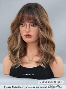 AKAKO 赤陶棕色渐变刘海短款波浪卷发假发，16英寸及肩卷发假发，耐热合成假发，适合日常佩戴、音乐节派对角色扮演、街头嘻哈Y2K风格、时尚服装假发配饰 - 鏽棕色 - 查看 4