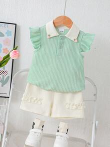 Baby Girl Summer Knit Set: Mint Green Ribbed Polo Shirt (Contrast Collar + Strawberry Decor + Ruffle Sleeves) & White Apricot Ruffle Hem Shorts 2Pcs, Soft Knit Fabric, Breathable & Skin-Friendly, Delicate Decor, Light Color Suitable For Summer Daily/Light Social Occasions, Comfortable & Easy To Wear & Care, Creating A Cute Outfit - Mint Green - View 14