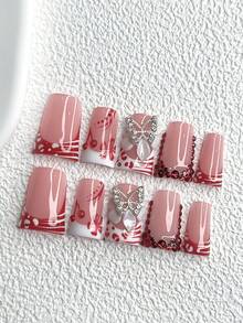 10pcs Romantic French Press-On Nail Stickers, Gel Manicure Set, Red & White Mixed Wave Accents, Hand-Painted 3D Red Cherry, 5-Petal Red Floral Print Nail Decor, Asymmetrical Red Circle Diamond Edge Design, 5-Petal White Sculptural Flower With Silver Glitter Butterfly Nail Accessories Nails Nail Supplies - 彩色 - 查看 11