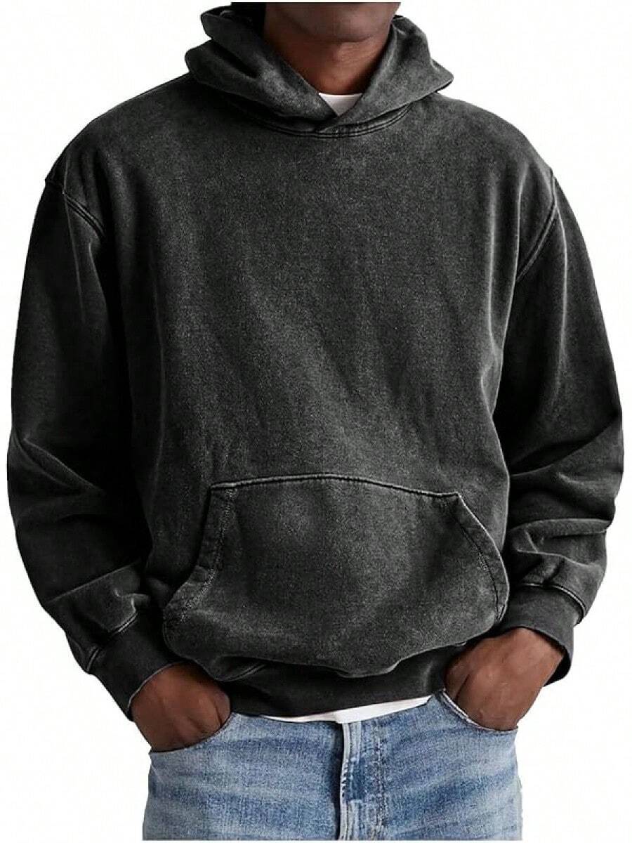 [Free Shipping]Mens Hoodies Oversized Unisex Acid Wash Hoodie Heavyweight Fleece Vintage Cotton Sweatshirt Men Women - B-黑色 - 查看 1