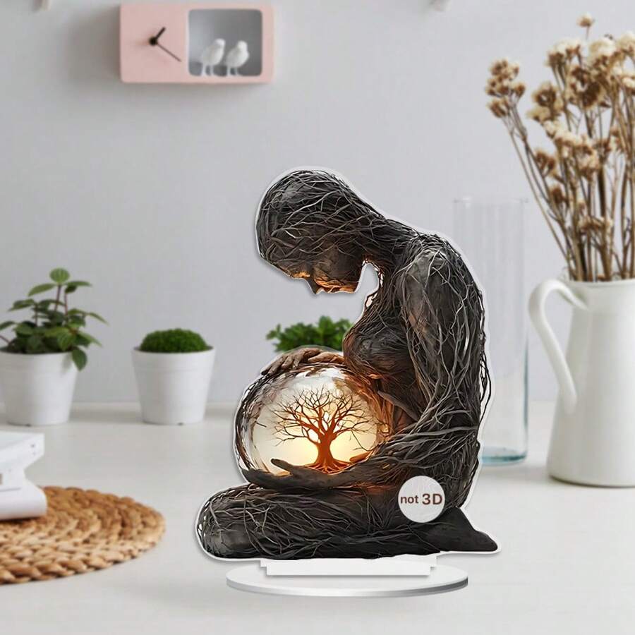 2D平面休闲家居波西米亚风格亚克力生命之树桌面摆件 - 优雅的家居和办公装饰，适合生日和毕业典礼 | 雕塑女性造型，内置发光树，无需电池 - 彩色 - 查看 1