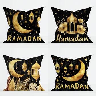 4pcs Eid Mubarak Moon & Star Print Decorative Throw Pillow Covers, 18x18 Inch, Moon And Star Pattern Cushion Covers, Suitable For Sofa Bedroom Office Farmhouse Decor, Inserts Not Included