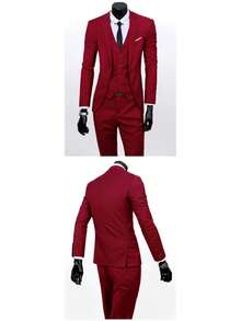Men Suit Set,Groom's Three-Piece Suit, British Casual Business Suit, Men's Wedding Attire, Groomsman's Suit, Slim Fit And Handsome. - 酒紅色 - 查看 2