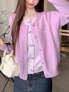 Y6Y 2025 秋冬新款紫色蝴蝶结独特设计宽松针织毛衣女上衣 - 紫色 - 查看 6