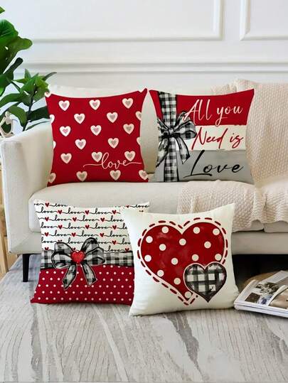 4 fundas de almohada con forma de corazón rojo - 45 x 45 cm, con cremallera, lavables a máquina, fundas de cojín de estilo francés, adecuadas para el hogar y el sofá del dormitorio, no incluye relleno de almohada